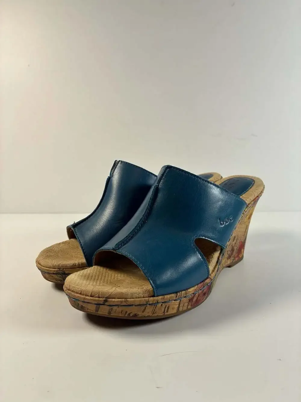 Boho b.o.c. Born Concept Blue Leather Floral Cork Wedge Sandals